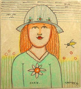 Jack Savitsky-"Dazie". 1991. Crayon and marker on ca: Jack Savitsky-"Dazie". 1991. Crayon and marker on cardboard. Piece is 8 1/2 x 8 3/4, framed and matted. Please see over 450 other lots in this sale of Outsider Art, Folk-art, folkart, contemporary