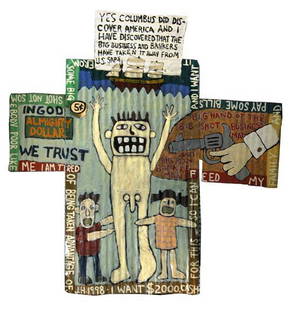 Jessie Hickman-"Columbus". Paint on tin, signed 199: Jessie Hickman-"Columbus". Paint on tin, signed 1998. Piece is 62 x 27 1/4. Please see over 450 other lots in this sale of Outsider Art, Folk-art, folkart, contemporary art,pottery, African American