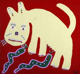 Richard Burnside-"Yellow Cat"ipillers". Paint on wo: Richard Burnside-"Yellow Cat"ipillers". Paint on wood, signed. Piece is 32 x 30. Please see over 450 other lots in this sale of Outsider Art, Folk-art, folkart, contemporary art,pottery, African