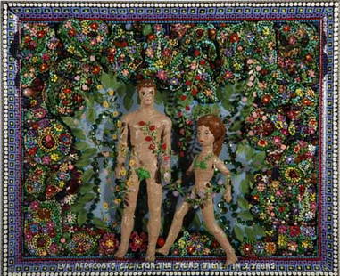 Elayne Goodman-"Eve Decorates Eden". Mixed media on: Elayne Goodman-"Eve Decorates Eden". Mixed media on wood, 3-D, signed on side. Piece is 22 1/2 x 18 1/2, some damage to adam and eve. Please see over 450 other lots in this sale of Outsider Art,