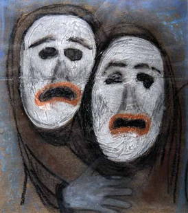 HK Pulschen-"Laffers1". Oil pastel on paper bag, si: HK Pulschen-"Laffers1". Oil pastel on paper bag, signed. Piece is 8 1/4 x 9, framed and matted. Please see over 450 other lots in this sale of Outsider Art, Folk-art, folkart, contemporary