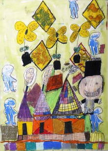 Mary Gooldrup-"At The Circus". Paint pastel and mar: Mary Gooldrup-"At The Circus". Paint pastel and marker on window shade. Piece is 18 1/2 x 25 1/2. Please see over 450 other lots in this sale of Outsider Art, Folk-art, folkart, contemporary