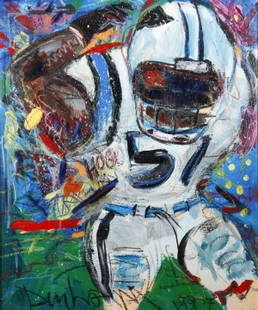 Mark Dunham- "Football Player". Paint on board. Pi: Mark Dunham- "Football Player". Paint on board. Piece is 23 1/2 x 19 1/2, framed. Please see over 450 other lots in this sale of Outsider Art, Folk-art, folkart, contemporary art,pottery, African