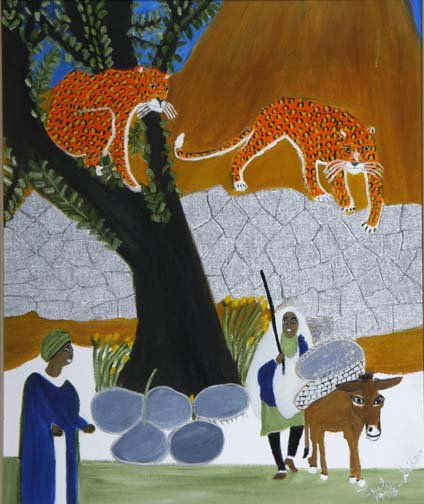 Evelyn Gibson-"Leopards". Paint on canvas board, si: Evelyn Gibson-"Leopards". Paint on canvas board, signed and dated 1996. Piece is 15 1/2 x 19 1/2, framed. Please see over 450 other lots in this sale of Outsider Art, Folk-art, folkart, contemporary a