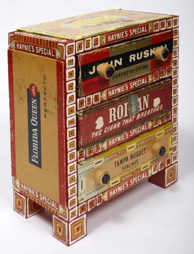 Elayne Goodman-"Tampa Nuggets Chest". Cigar box con: Elayne Goodman-"Tampa Nuggets Chest". Cigar box construction, middle drawer missing knob. Piece is 10 1/2 x 12 x 6. Please see over 450 other lots in this sale of Outsider Art, Folk-art, folkart, cont