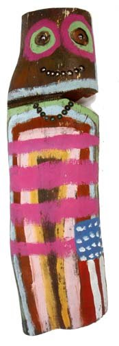Leland Holiday-"Totem". Paint on wood stump, signed: Leland Holiday-"Totem". Paint on wood stump, signed. Piece is 25 x 7 x 3. Please see over 450 other lots in this sale of Outsider Art, Folk-art, folkart, contemporary art,pottery, African American Art