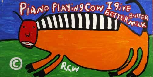 Ruby Williams-"Piano Playing Cow". Paint on wood, : Ruby Williams-"Piano Playing Cow". Paint on wood, signed. Piece is 48 x 24. Please see over 450 other lots in this sale of Outsider Art, Folk-art, folkart, contemporary art,pottery, African American A