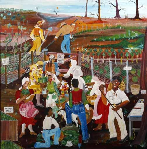 Ruth Mae McCrane-"Havesting The Tree Collards". Pa: Ruth Mae McCrane-"Havesting The Tree Collards". Paint on board, signed. Piece is 48 x 51. Please see over 450 other lots in this sale of Outsider Art, Folk-art, folkart, contemporary art,pottery, Afri