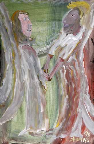 William Thomas Thompson-"Angels". Paint on canvas,: William Thomas Thompson-"Angels". Paint on canvas, signed and dated 1995. Piece is 24 x 36. Please see over 450 other lots in this sale of Outsider Art, Folk-art, folkart, contemporary art,pottery, Af