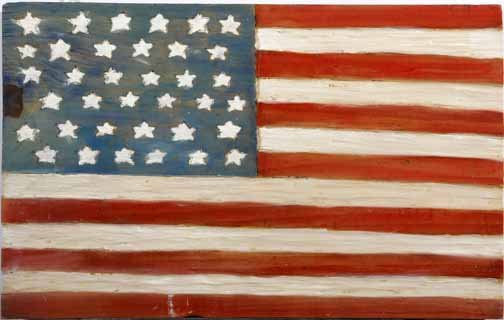Joe Wackerman-"Flag". Paint on wood, signed and da: Joe Wackerman-"Flag". Paint on wood, signed and dated 2000. Piece is 18 x 11 1/2. Please see over 450 other lots in this sale of Outsider Art, Folk-art, folkart, contemporary art,pottery, African Amer