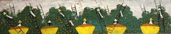Ernie Lee-"Orange Grove". Paint on panel. Piece is: Ernie Lee-"Orange Grove". Paint on panel. Piece is 48 x 10. Please see over 450 other lots in this sale of Outsider Art, Folk-art, folkart, contemporary art,pottery, African American Art, Native Ameri