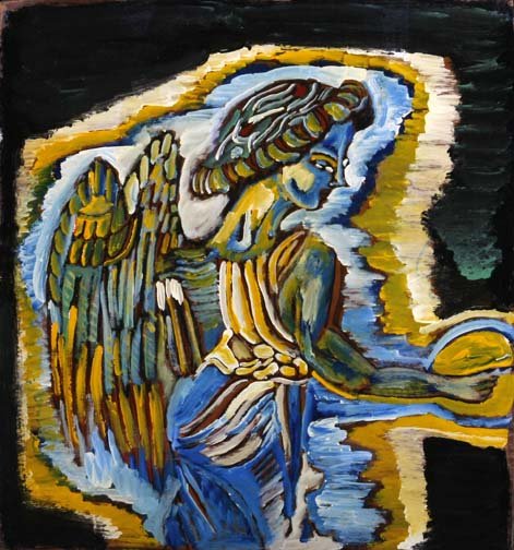 Rudolph V. Bostic-"Blue Angel". Paint on cardboard: Rudolph V. Bostic-"Blue Angel". Paint on cardboard. Piece is 20 1/2 x 21 1/2. Please see over 450 other lots in this sale of Outsider Art, Folk-art, folkart, contemporary art,pottery, African American