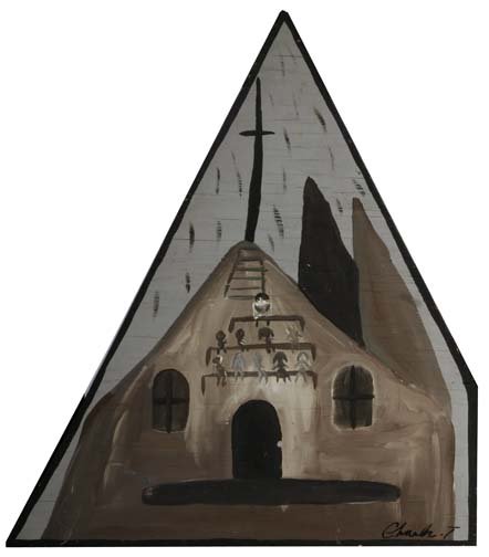 Charlie Tolliver-"Church". Paint on wood, signed. : Charlie Tolliver-"Church". Paint Please see over 450 other lots in this sale of Outsider Art, Folk-art, folkart, contemporary art,pottery, African American Art, Native American and modern sculpture. o