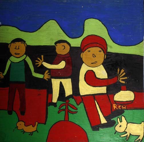 Ruby Williams-"Kids". Paint on wood, signed. Piece: Ruby Williams-"Kids". Paint on wood, signed. Piece is 48 x 48. Please see over 450 other lots in this sale of Outsider Art, Folk-art, folkart, contemporary art,pottery, African American Art, Native Am