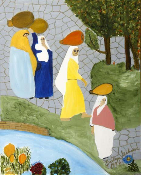 Evelyn Gibson-"Women Carrying Water". Paint on can: Evelyn Gibson-"Women Carrying Water". Paint on canvas board, signed and dated 1996. Piece is 16 x 20. Please see over 450 other lots in this sale of Outsider Art, Folk-art, folkart, contemporary art,p