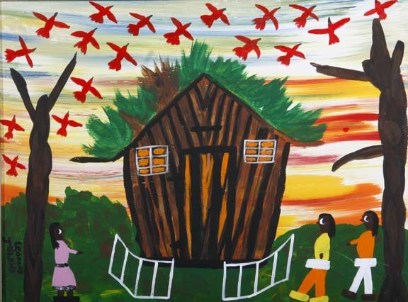 Juanita leonard-"This Old House". Paint on board, : Juanita leonard-"This Old House". Paint on board, signed. Piece is 24 x 18, framed. Please see over 450 other lots in this sale of Outsider Art, Folk-art, folkart, contemporary art,pottery, African Am