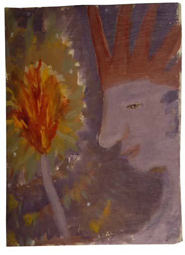 Sabra Wolfe-"Firestarter". Paint on wood, signed.