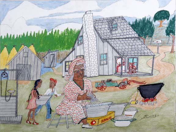 John W. Banks-"Homestead". Pencil, marker, and pen: John W. Banks-"Homestead". Pencil, marker, and pen on paper. Piece is 25 3/4 x 19 1/2, framed. Please see over 450 other lots in this sale of Outsider Art, Folk-art, folkart, contemporary art,pottery,