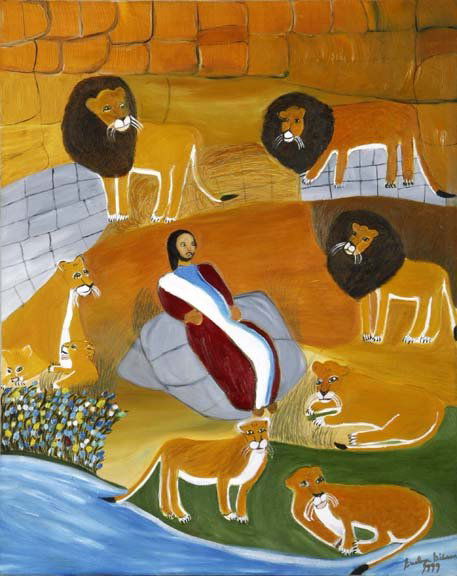 Evelyn Gibson-"Daniel And The Lions Den". Paint on: Evelyn Gibson-"Daniel And The Lions Den". Paint on canvas, signed and dated 1999. Piece is 24 x 30. Please see over 450 other lots in this sale of Outsider Art, Folk-art, folkart, contemporary art,pot