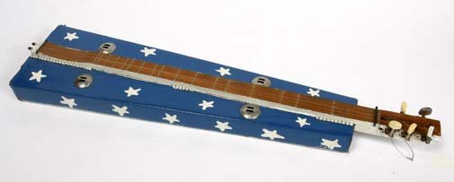 Anonymous-"Dulcimer". Paint on cardboard and wood.: Anonymous-"Dulcimer". Paint on cardboard and wood. Piece is 33 1/2 x 8 x 2. Please see over 450 other lots in this sale of Outsider Art, Folk-art, folkart, contemporary art,pottery, African American A
