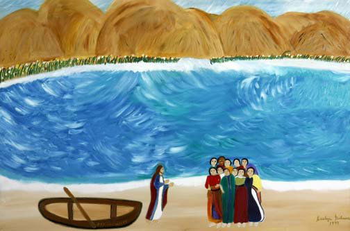 Evelyn Gibson-"By The Sea". Paint on canvas, signe: Evelyn Gibson-"By The Sea". Paint on canvas, signed and dated 1999. Piece is 36 x 24. Please see over 450 other lots in this sale of Outsider Art, Folk-art, folkart, contemporary art,pottery, African