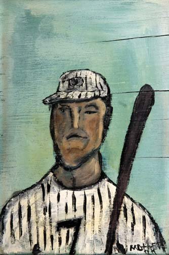 Mother Gloria Smith-"Baseball Player". Paint on pa: Mother Gloria Smith-"Baseball Player". Paint on panel, signed and dated 1997. Piece is 16 1/2 x 11 1/2. Please see over 450 other lots in this sale of Outsider Art, Folk-art, folkart, contemporary art