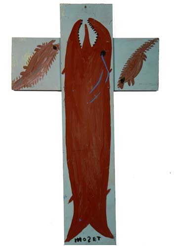 Mose Tolliver-"Fish". Paint on pressboard, signed : Mose Tolliver-"Fish". Paint on pressboard, signed with applied sticker of 1986 on back. Piece is 24 1/4 x 15. Please see over 450 other lots in this sale of Outsider Art, Folk-art, folkart, contempora