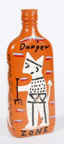 RA Miller-"Danger Zone". Paint on liquor bottle. P: RA Miller-"Danger Zone". Paint on liquor bottle. Piece is 8 1/2 in. tall. Please see over 450 other lots in this sale of Outsider Art, Folk-art, folkart, contemporary art,pottery, African American Art