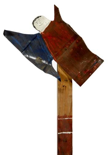 RA Miller-"Angel". Paint on tin attached to wood s: RA Miller-"Angel". Paint on tin attached to wood stick, signed. Piece is 46 1/2 in. tall Please see over 450 other lots in this sale of Outsider Art, Folk-art, folkart, contemporary art,pottery, Afric