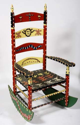 Richard Burnside-"Rocking Chair". Paint on wood ro: Richard Burnside-"Rocking Chair". Paint on wood rocking chair, signed and dated 3-16-91. Piece is standard size chair. Please see over 450 other lots in this sale of Outsider Art, Folk-art, folkart, c