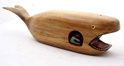 Tim Lewis, "Jonah in the Whale" Carved and painte: Tim Lewis, "Jonah in the Whale" Carved and painted wood, signed and dated 1997 and measures 17 x 5 x 3 1/4