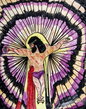 Linda Bruton. "Crucifixion". Marker on poster, sig: Linda Bruton. "Crucifixion". Marker on poster, signed and measures 26 x 32