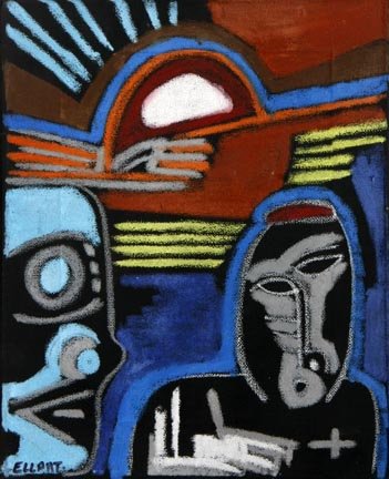 This is a two piece lot containing a piece by Ella: This is a two piece lot containing a piece by Ellart, paint on canvas, 9 1/2 x 11 3/4 and a piece by Hoke Roberts, "Swell Pal" paint on wood and measures 15 x 12