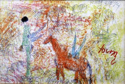 Purvis Young, "Angel and Horse" Marker and crayon: Purvis Young, "Angel and Horse" Marker and crayon on paper, signed and dated 1974,framed and measures 13 1/2 x 9