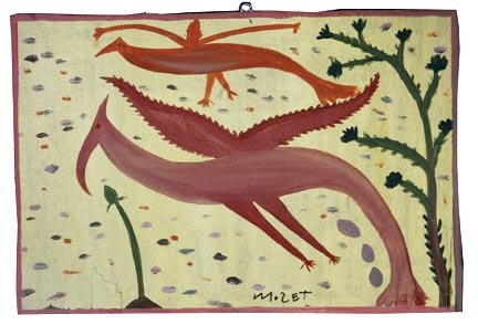 Mose Tolliver, Dino Birds in Garden". Paint on pa: Mose Tolliver, Dino Birds in Garden". Paint on panel, signed and measures 22 1/2 x 15 1/4