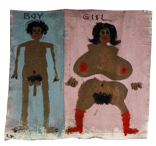 Lonnie Tolliver, "Boy/Girl". Paint on muslin, sig: Lonnie Tolliver, "Boy/Girl". Paint on muslin, signed and measures 17 3/4 x 16 1/2
