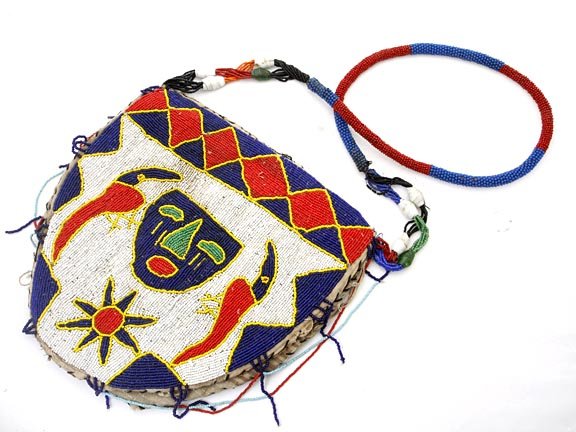 Vintage Yoruba Shamans bag. Beadwork on cloth. B: Vintage Yoruba Shamans bag. Beadwork on cloth. Bag is 12 x 12 and has beadwork shoulder strap