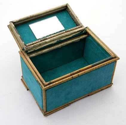 Rolled newspaper tramp art trinket box and measure: Rolled newspaper tramp art trinket box and measures 7 x 5 x 5
