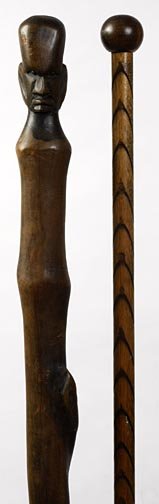 Two canes, one being an African tribal piece circa: Two canes, one being an African tribal piece circa 1930 and the other being a whimsy stick