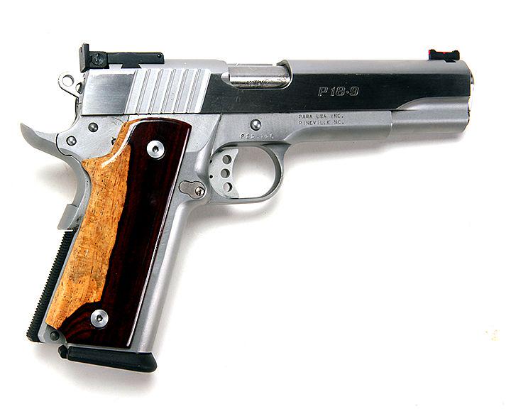 Para Ordinance 1911 9mm/38 super high cap, stainless: Para Ordinance 1911 9mm/38 super high cap, stainless steele, match, 2 high cap MBX plus factory mag, 5" barrell, two tone exotic wood grips, original box and paper work,