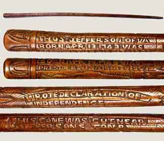 Thomas Jefferson Folk Art Cane-Late 19th Century-Th: Thomas Jefferson Folk Art Cane-Late 19th Century-This is a prime example of the Jefferson Cane by Craddock. It has various animals, Masonic emblem near the top, and various high relief carved statemen