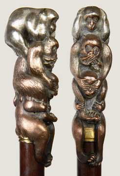 Japanese Mixed Metal Whimsical Cane-Circa 1890-A ni: Japanese Mixed Metal Whimsical Cane-Circa 1890-A nice example of a cane from this time period which is signed with Oriental characters, split metal collar, exotic wood shaft and a metal ferrule-H. 4"