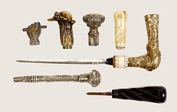 Group of Seven Handles: A collection of various handles to be sold in one lot with the most important being a gold filled four-sided dagger cane which is signed but unreadable.