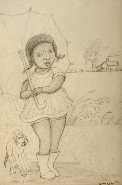 Jack Savitsky, "April Showers" Pencil drawing and m