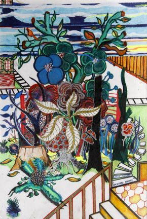 Outsider art and face jug lot: Jack Alvin-"Back Yard Design" Marker and paint on paper. Signed and dated 2005. Piece measures 17 1/2 x 12, laminated and Nita Mae Hicks, "African Queen". Pencil and crayon on paper, signed and dated