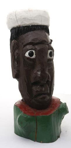 Herbert Singleton, "Baker". Carved and polychrom: Herbert Singleton, "Baker".(Chef) Carved and polychrome enamel painted wood, 17 x 7 x 7 Unsigned Natural spliting to the unseasoned wood as seen in many Singleton pieces.This can be seen in the photo.