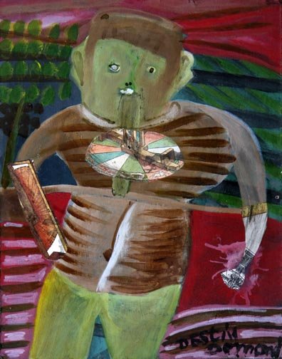 Haitian painting and other outsider folk art: Destin Demond, Haitian painting. Paint on board, signed and measures 12 1/2 x 9 3/4 and Manuel Bauman, "Photographing Frida Kahlo" Reverse painted glass, signed and measures13 x 15 1/2, framed and "No