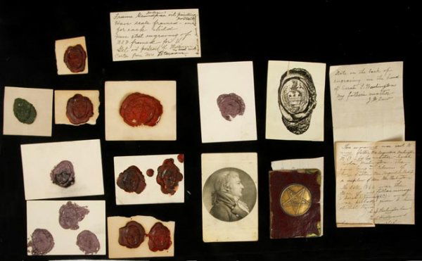 George Washington Original Wax Seals: This collection comes to us from a descendent of George Washington. It was consigned by the Law family of Hollywood CA. The family back in 1937, before the seal was donated to Mount Vernon, made wax c