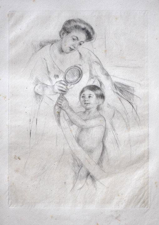 Mary Cassatt (PA/Fr., 1844-1926), Drypoint: Mary Cassatt (PA/Fr., 1844-1926), Drypoint circa 1905, "Looking into the Hand Mirror, no. 3," drypoint on laid paper, matted and framed under glass. Plate size approx. 8.2 in. x 5.9 in.; Mary Cassatt