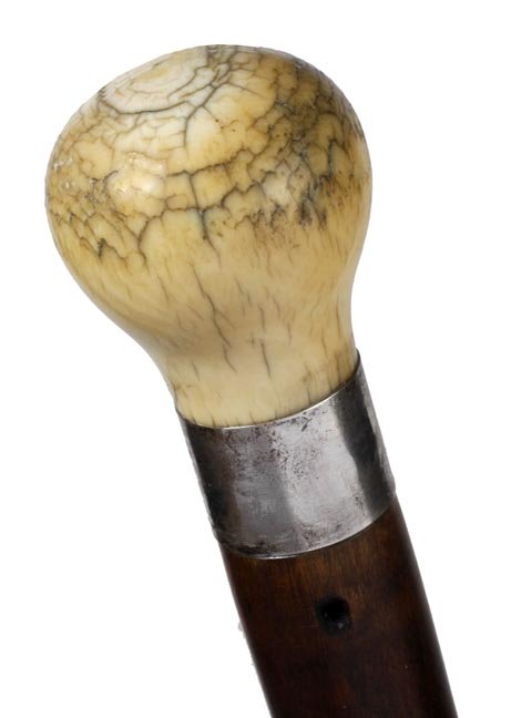Masonic Ivory Dress Cane: Masonic Ivory Dress-Circa 1880-A large ivory handle, silver collar with a Masonic compass engraved, lanyard holes, exotic wood shaft and a bi-metal ferrule-H. 1 ¾" x 2", O.L. 34"-$300-$500
